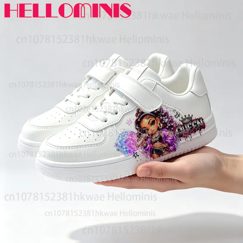 Girls Kids Sneakers Cool Hip‑Hop Cartoon Character Print White Casual Shoes Light Non‑Slip Daily Sport Walking Shoes