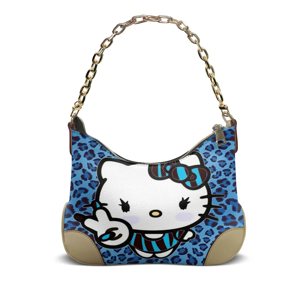 

Leopard Print Custom-Designed Ladies' Shoulder Bag With Hello Kitty Cartoonish Cute Pattern Custom-Made Handbag