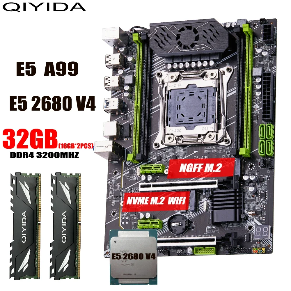 QIYIDA X99 motherboard set kit LGA2011-3 xeon E5 2680 V4 2*16GB=32GB 3200MHz 4 channels DDR4 SATA 3.0 nvme M.2 ATX