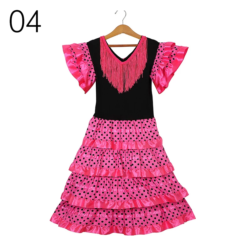 Kids Spanish Flamenco Dance Dresses Carnival Stage Performance Costume Girls Tassel Ruffled Sleeve Ruffles Dance Tutu Dress