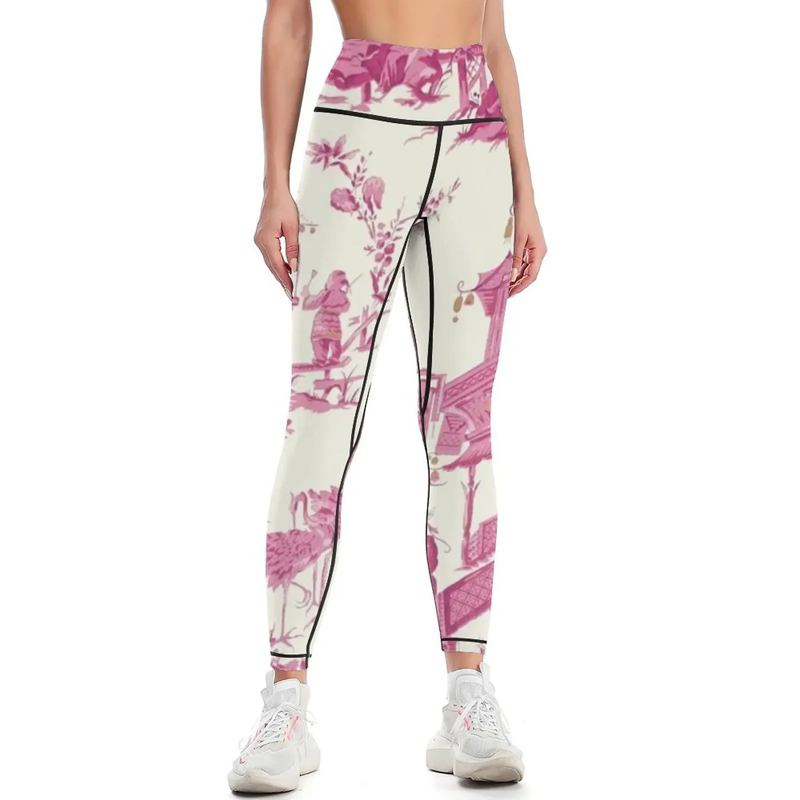

Toile de Jouy Pink Chinoiserie Tea House Pagoda Leggings fitness set gym Clothing fitness push up tights for Womens Leggings