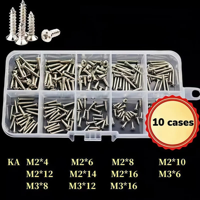 M2 M3 M4 Carbon Steel Nickel Plated Self Tapping Wood Screw Assortment Phillips Flat Thread Nail Screw Fastener Sets