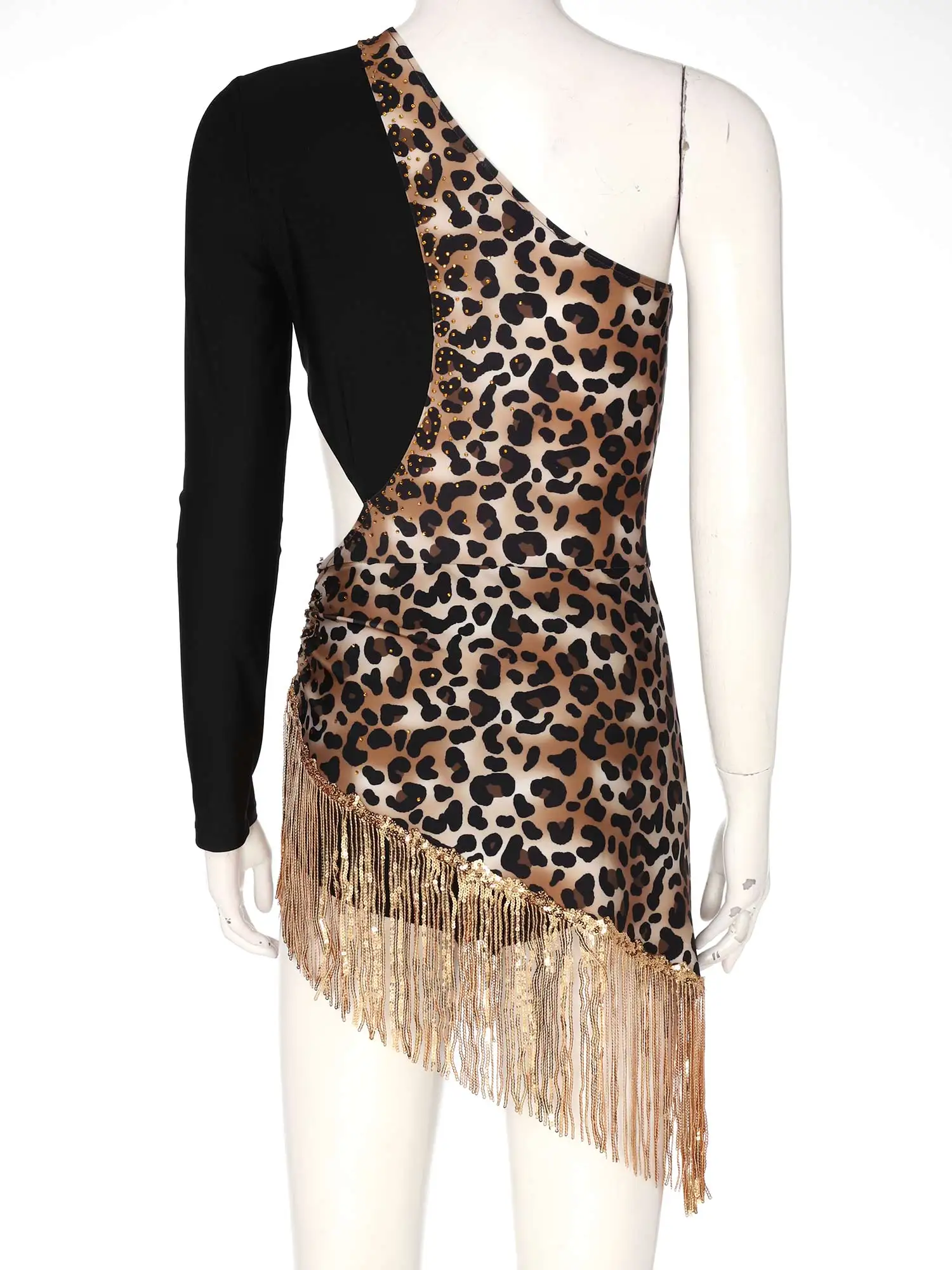 Women Latin Dance Dress One Shoulder Cutout Rhinestones Print Sequins Tassel Leotard Cha-cha Tango Samba Rumba Ballroom Costume