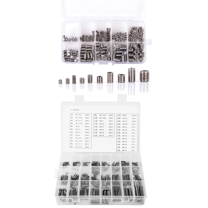 200 Pcs 304 Stainless Steel Grub Screws Hex Socket & 280 Pcs Spring Pin Tension Elastic Cylindrical Cotter Pins