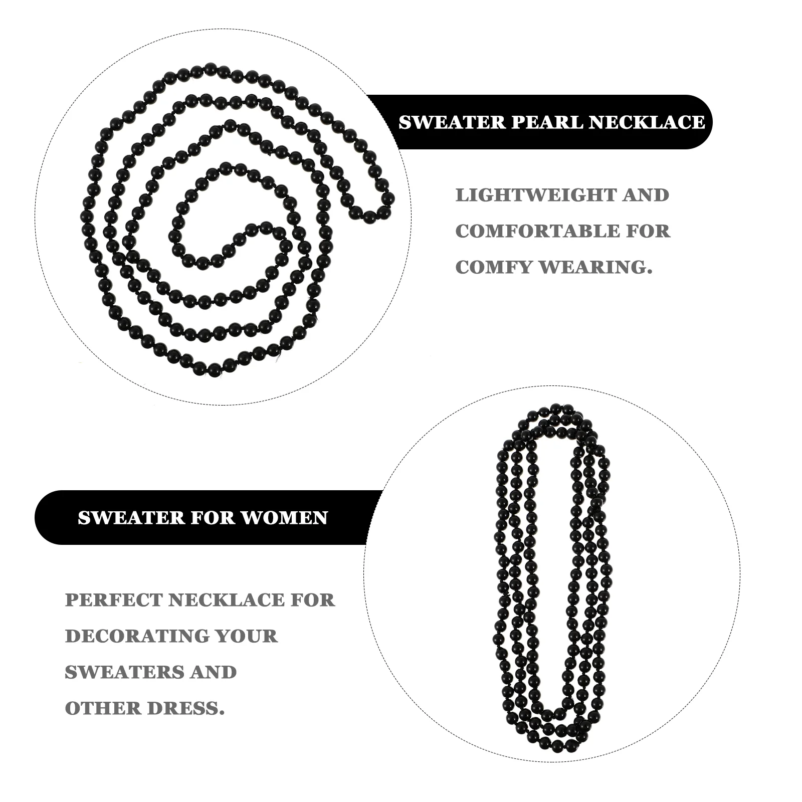 15M Retro Women Lady Simulated Pearls Long Necklace Chain for Sweater Decoration (Black)