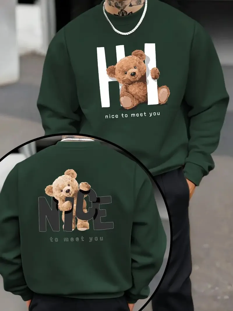 يتميز القلنسوة الرجالية الجديدة ذات الرقبة المستديرة لربيع وخريف 2025 بطباعة دب ثلاثية الأبعاد غير رسمية وعصرية على الشارع #4