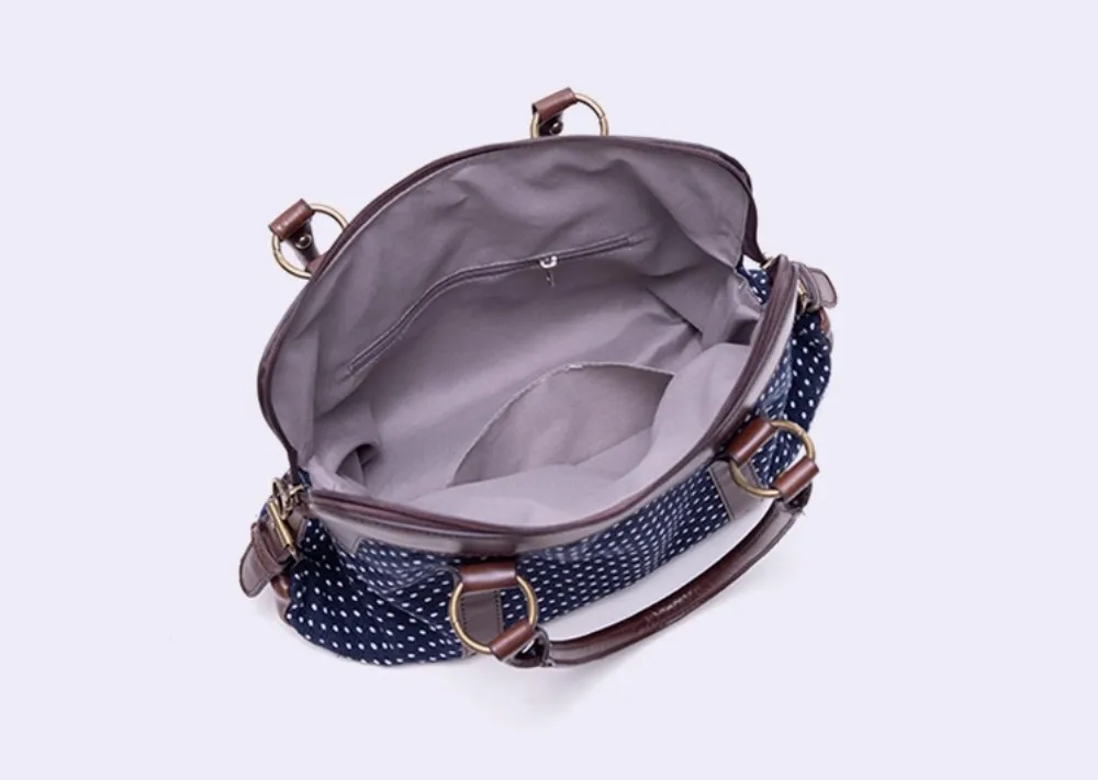 Literary Retro Vintage Japanese Style Shoulder bag Contrasting Color Knitted Polka Dot Navy Blue Handbag Crossbody Bag Female