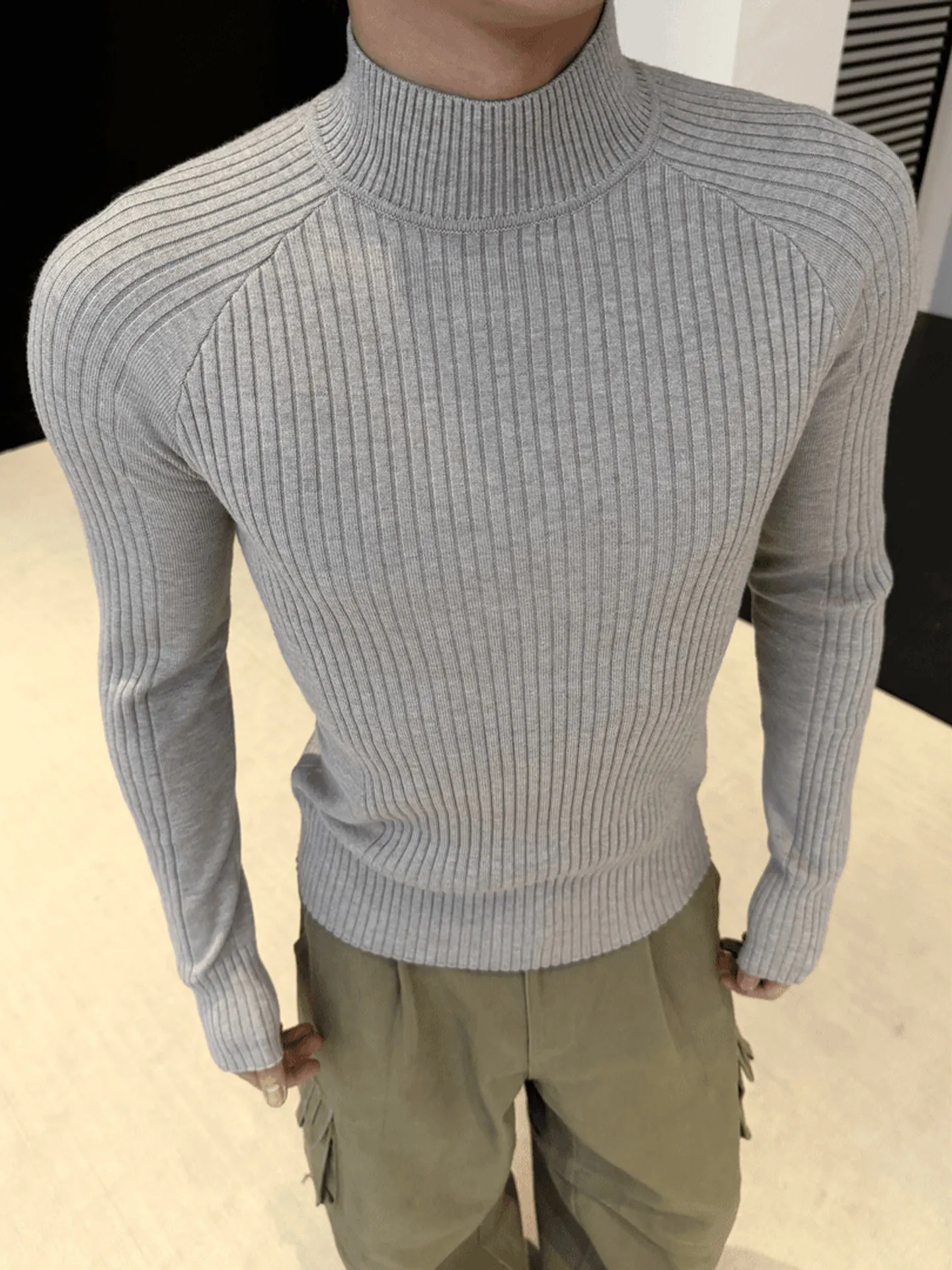 

Ay f-Смугастый трикотаж с высоким воротником, мужской облегающий свитер с мышцами Displang American Sle, зимняя внутренняя одежда, базовый слой