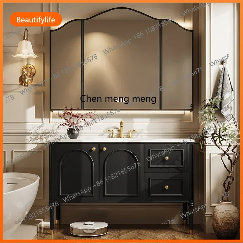 French retro bathroom cabinet combination floor-to-ceiling rock slab hot bending washstand hand washbasin cabinet