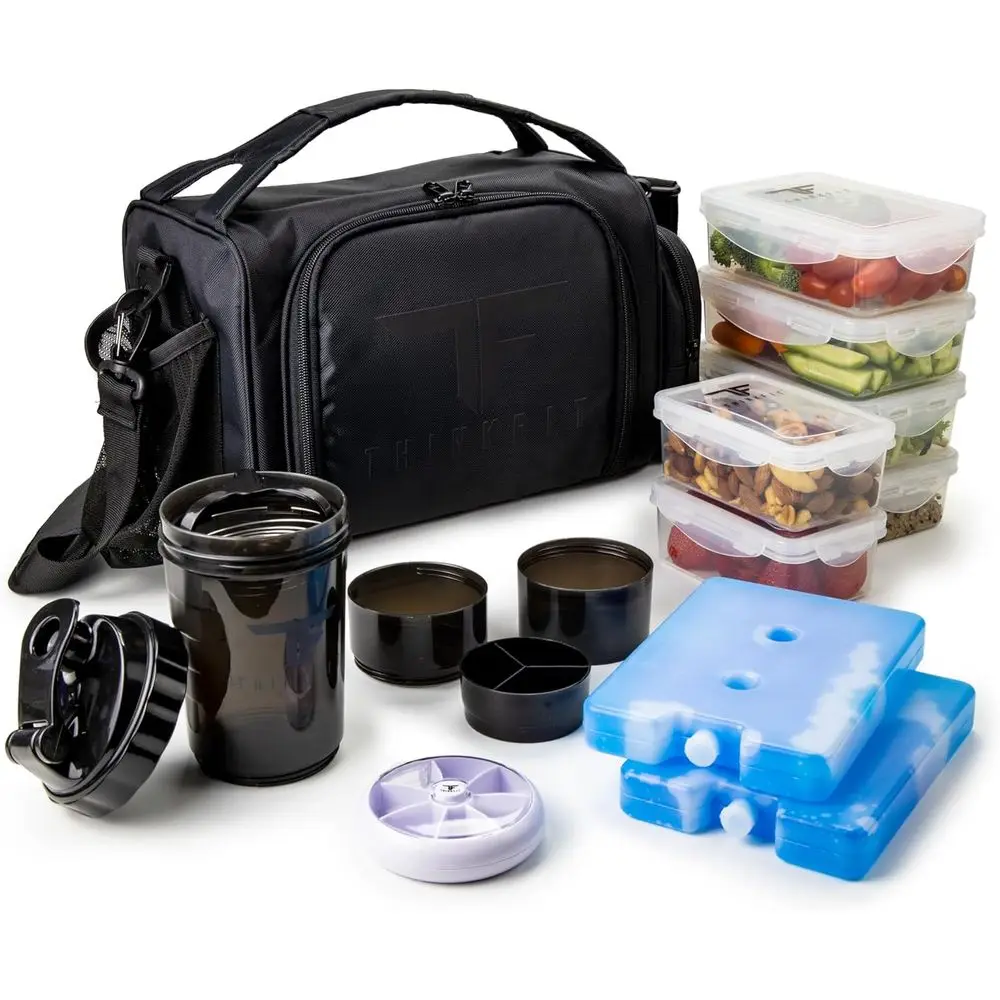 

Microwavable Meal Prep Lunch Box with 6 BPA-Free Containers, Shaker Cup, Pill Organizer, and Storage Bag - Black