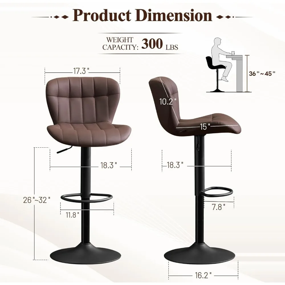 مقاعد بار حديثة من الجلد الصناعي لجزيرة المطبخ، مقاعد بارتفاع دوارة منجدة مع مقاعد مع ظهر، بني