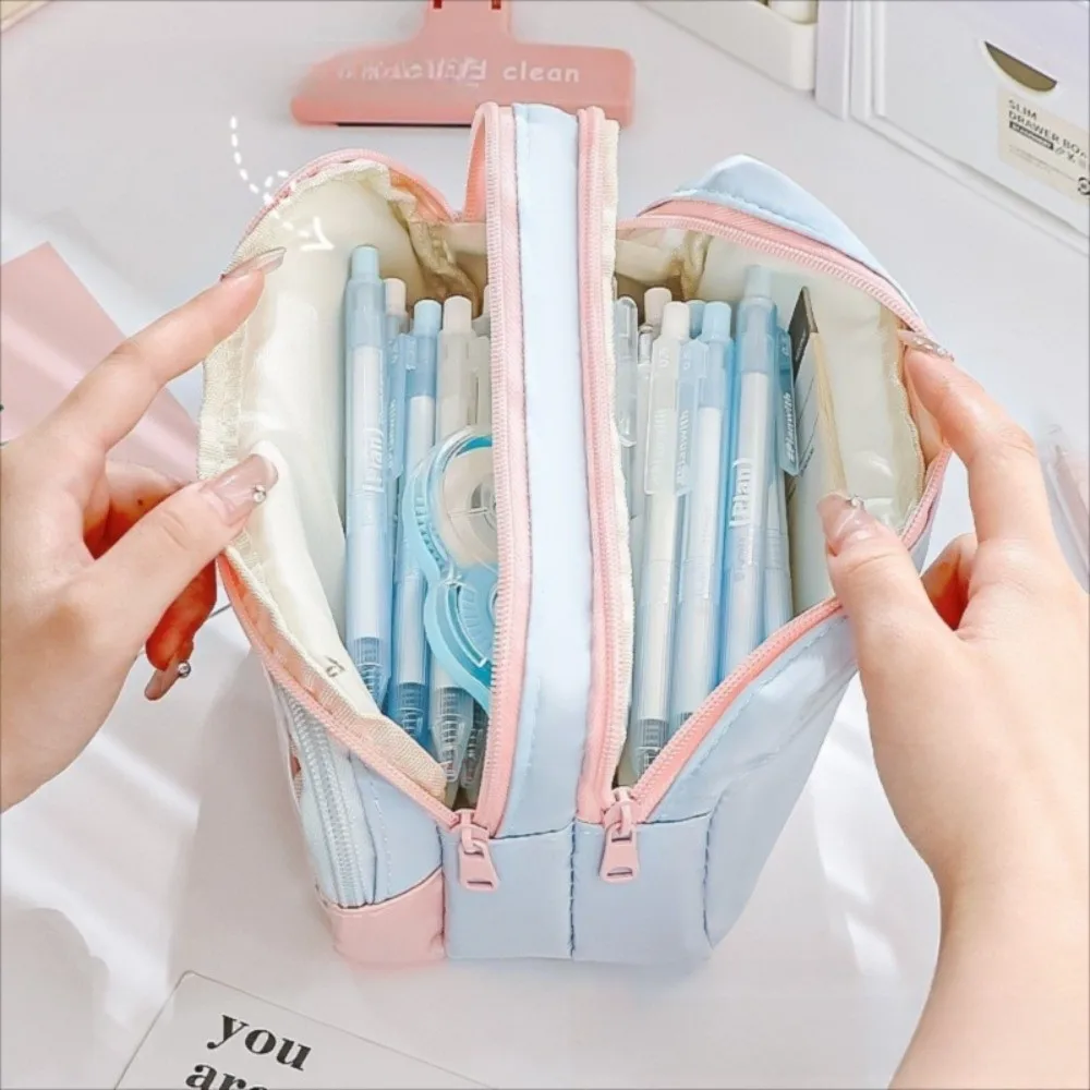 New Color-Block Pen Bag Transparent Pocket Multi-Compartment Pencil Case Large Capacity with Zipper Multi-layer Pen Pouch School