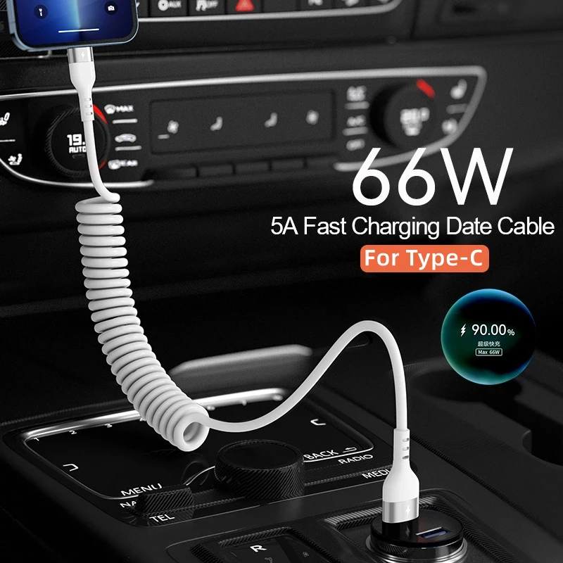 Type-C 5A Fast Charging USB Type C Cable Spring Telescopic Car Cord for Samsung Xiaomi Redmi POCO Universal Phone Charger Line