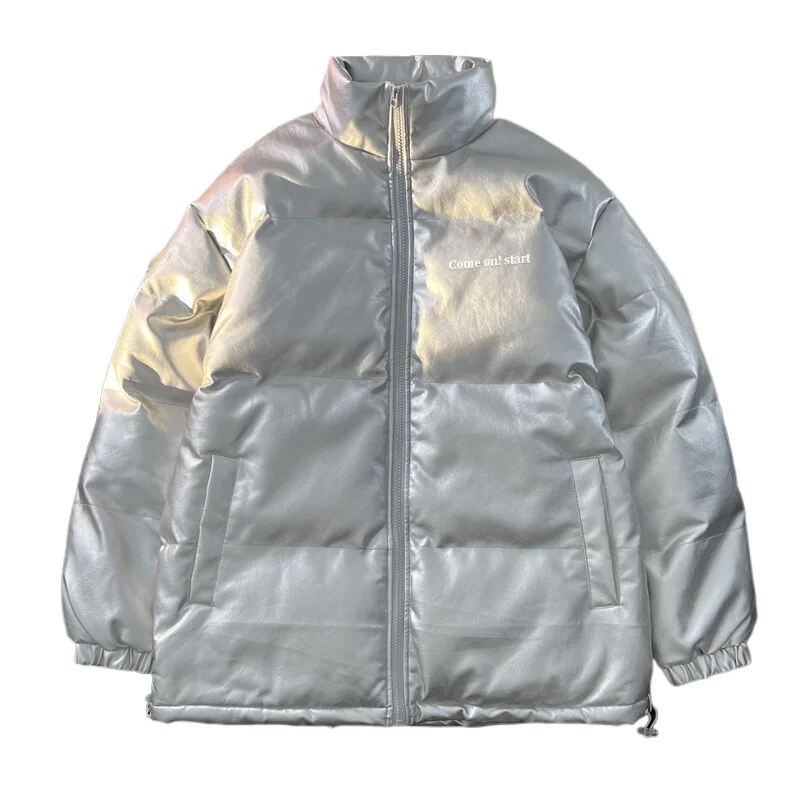 Fashion Pure Color Stand Collar Men's Motorcycle Pu Puffer Jacket Thicken Cotton Padded Winter Faux Leather Coat Parka Men