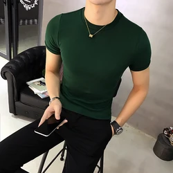 Summer High Quality Cotton T-Shirt For Men Luxury New Short Sleeve Solid Slim Fit Tight Elastic Tee Pullover Fitness T-shirt