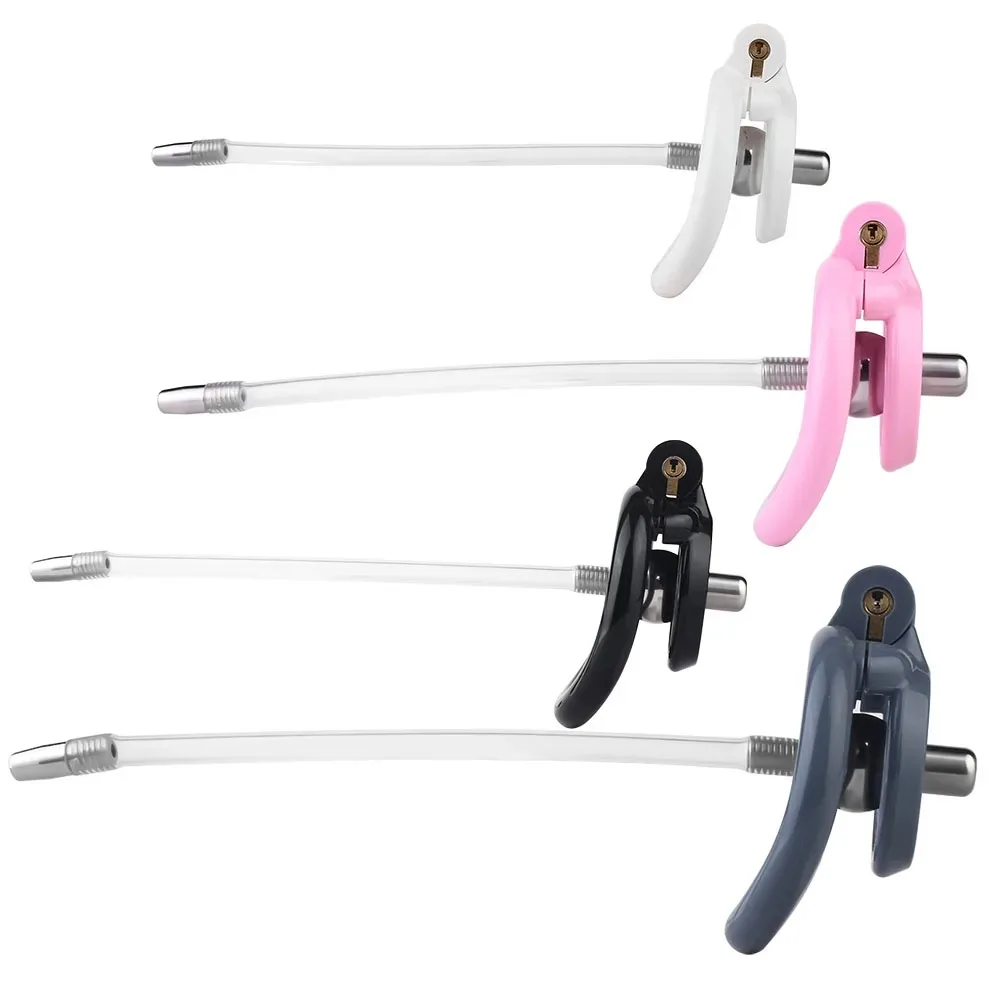 Gaiola de castidade com botão de resina, gaiola plana com trava invertida, cateter uretral removível, anel peniano de 4 tamanhos, brinquedo sexual sissy masculino