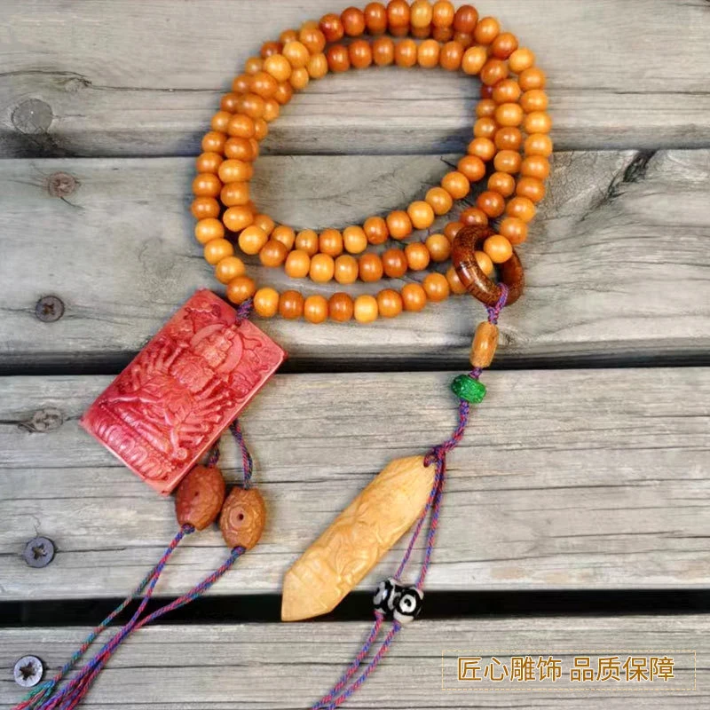 10*8mm old camel bone 108 Buddhist beads, Mahakala pendant, bloodstone thousand-hand pendant, fish mouth pattern bead with loop