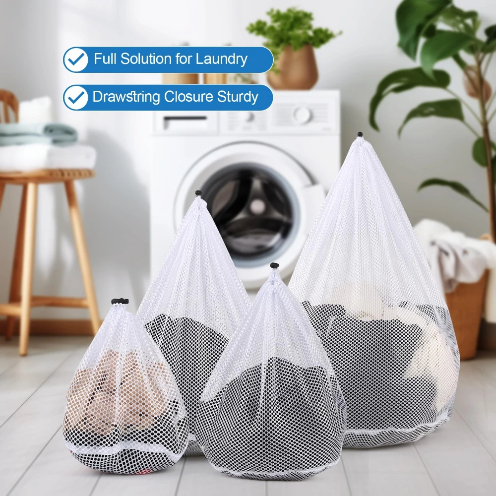 4Pcs Large Mesh Drawstring Washing Laundry  4 Size Fine Mesh Coarse Mesh Wash Bag For Clothes Jeans Blankets Durable Washing Net