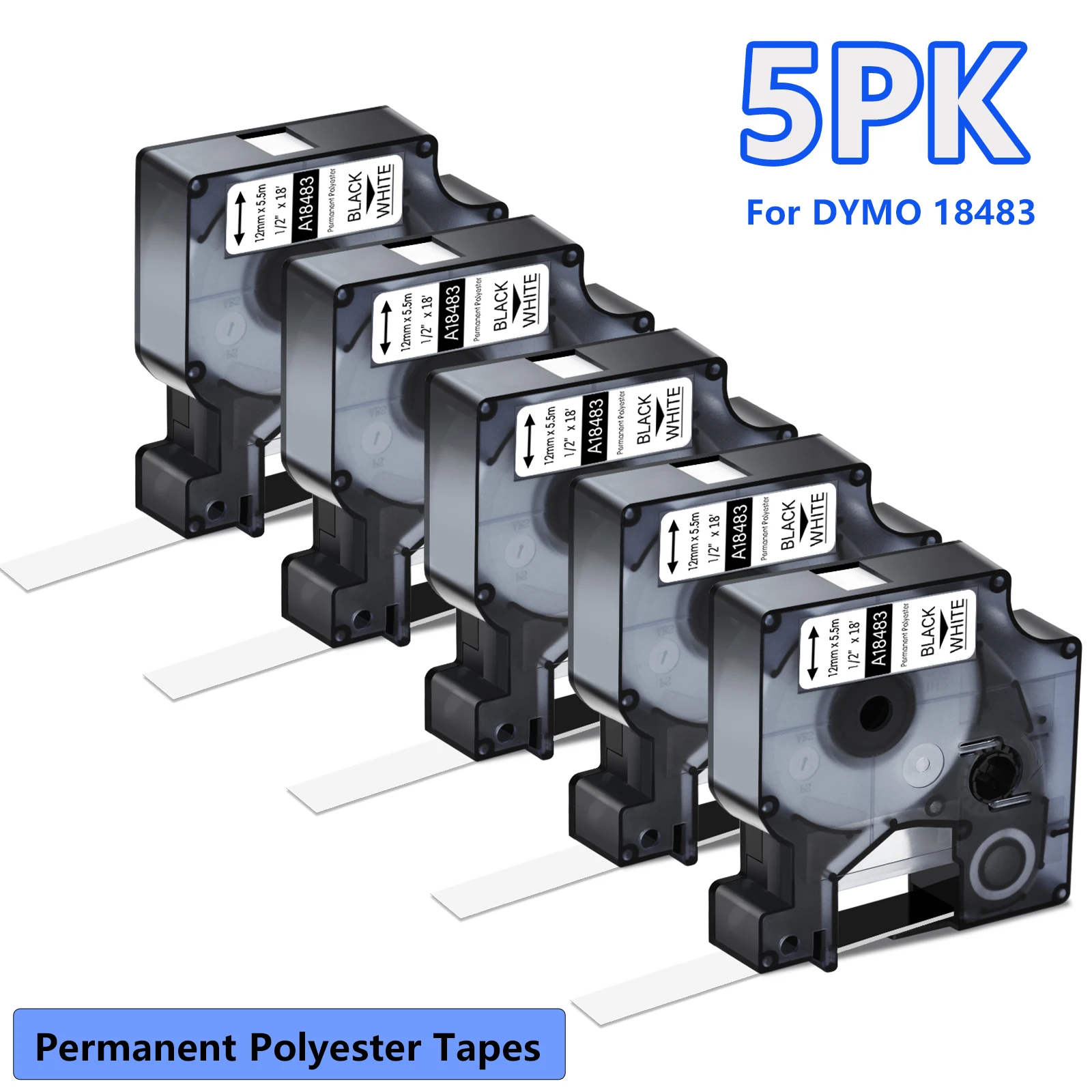 

5-10PK Durable Permanent Polyester Tapes Compatible for Dymo 18482 9/12/19mm Black on White Label for DYMO Rhino 4200 ILP 219