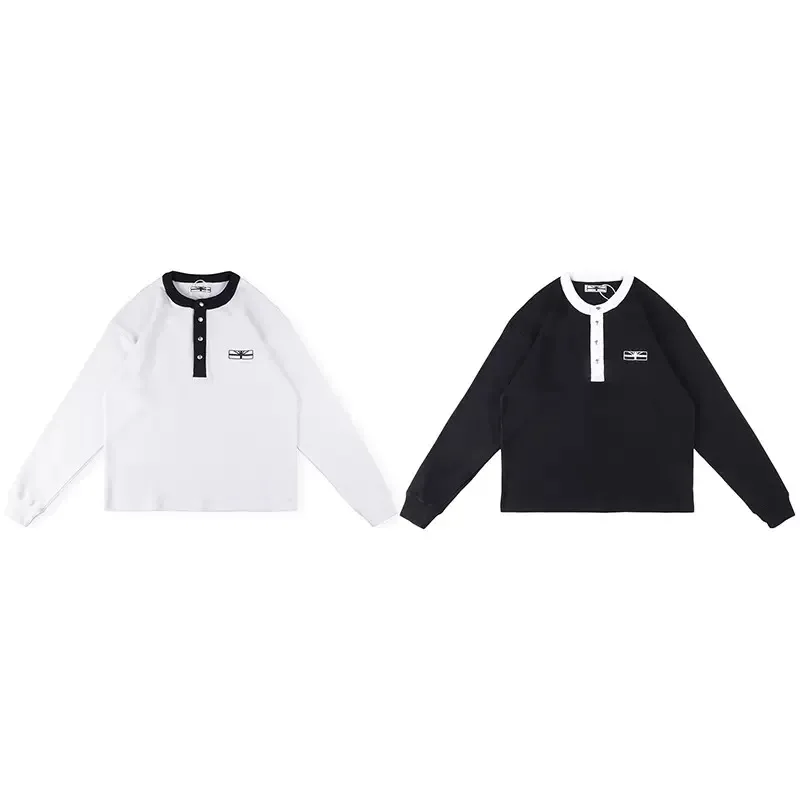 Vertabrae Black White Contrast Henry Collar Waffle Unisex Knit Long Sleeve T-Shirt  Casual Tops