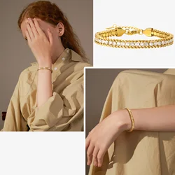 Fashion Bling CZ Stone Bracelets for Women, Gold Plated Stainless Steel Beads Chain Bracelet, Dainty Holiday Jewelry Gift To Her
