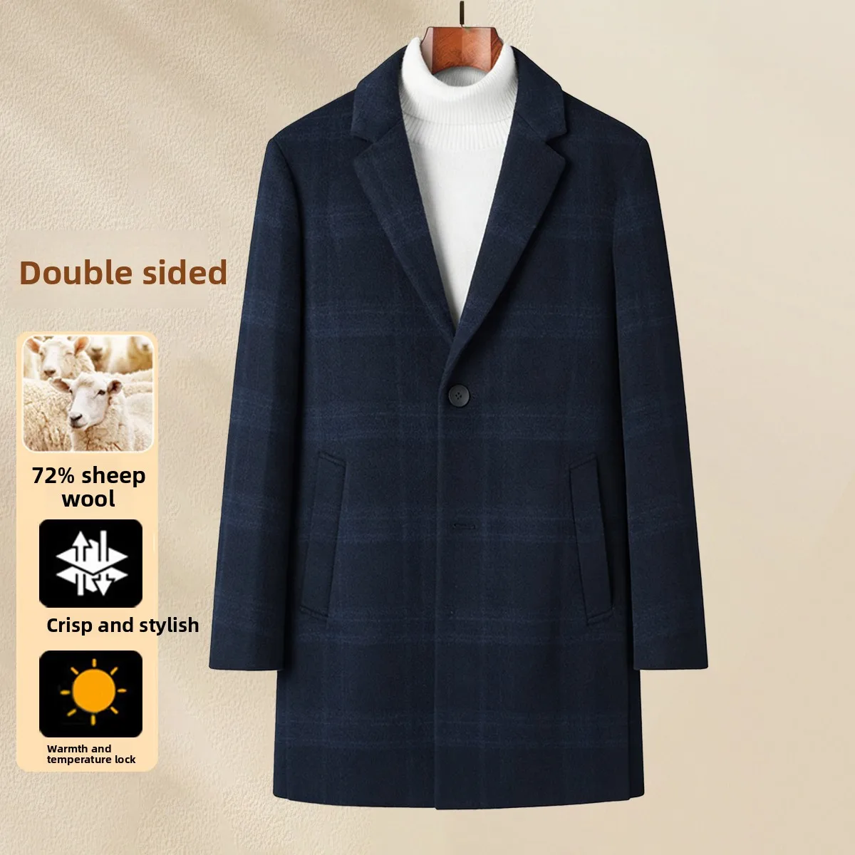 

Dongjia Men's Wool Blend Tweed Coat Ele Faionable Warm Stand Fit Mid-Length Casual Wear for Younger Men
