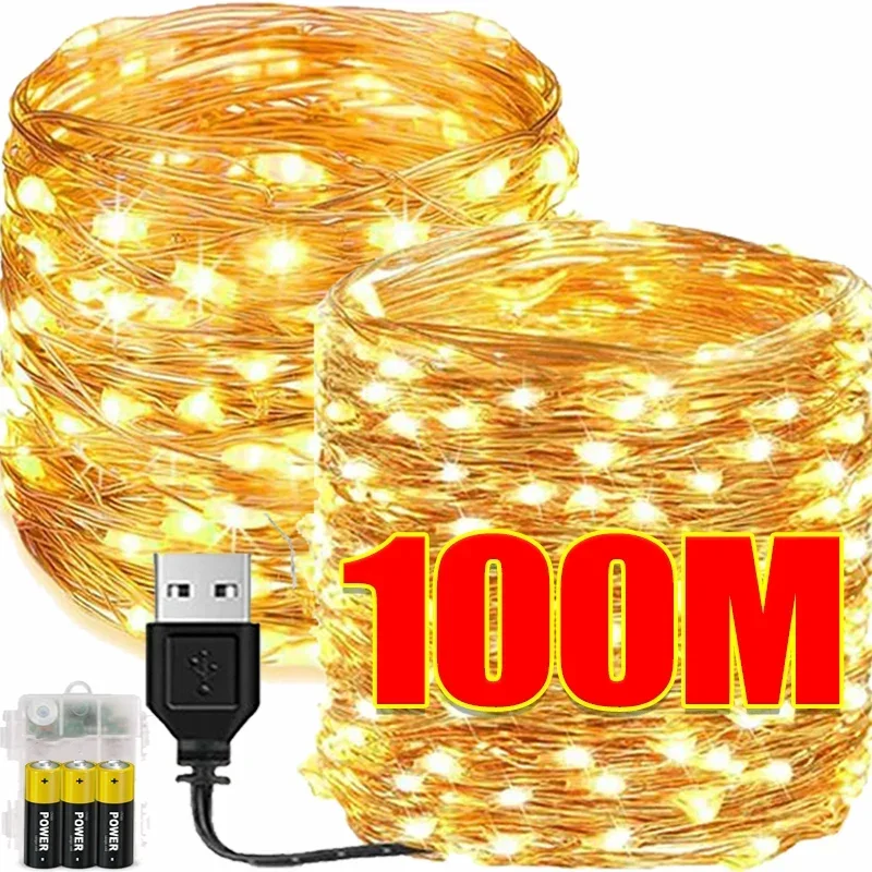 

2/100M Powered LED String Lights Outdoor Waterproof Copper Garland Fairy Lighting Strings Wedding Party Decor Lamps USB/Battery
