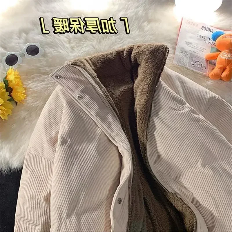 2023 Winter Women Corduroy Jacket Vintage Lamb Fleece Cotton Parkas Coat Fashion Thick Warm Clothes Loose Double-sided Outerwear
