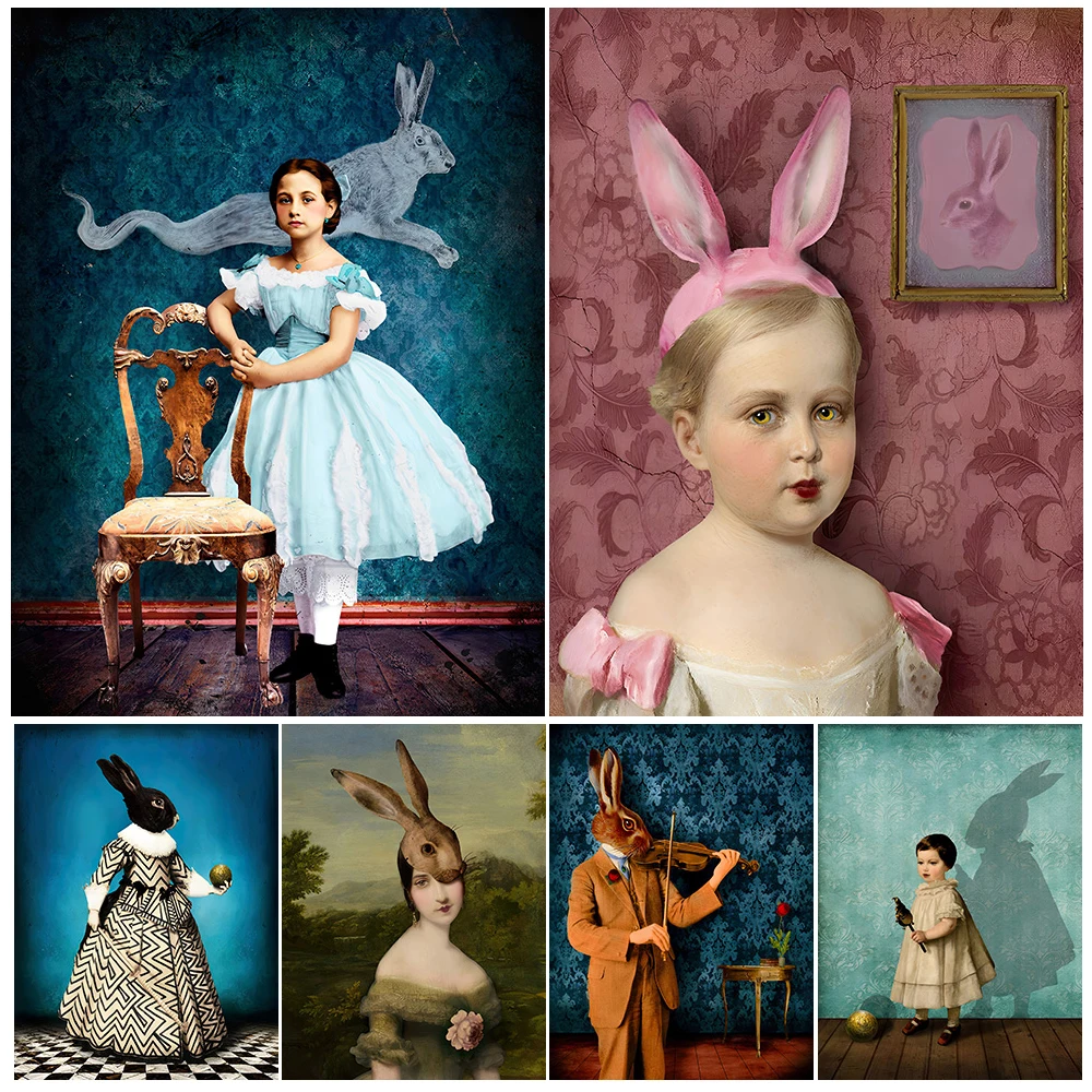 

Rabbit Violin And Rabbit Rider Abstract Wall Art Canvas Painting White And Brown Rabbit Mask Surreal Art Poster Print Home Decor