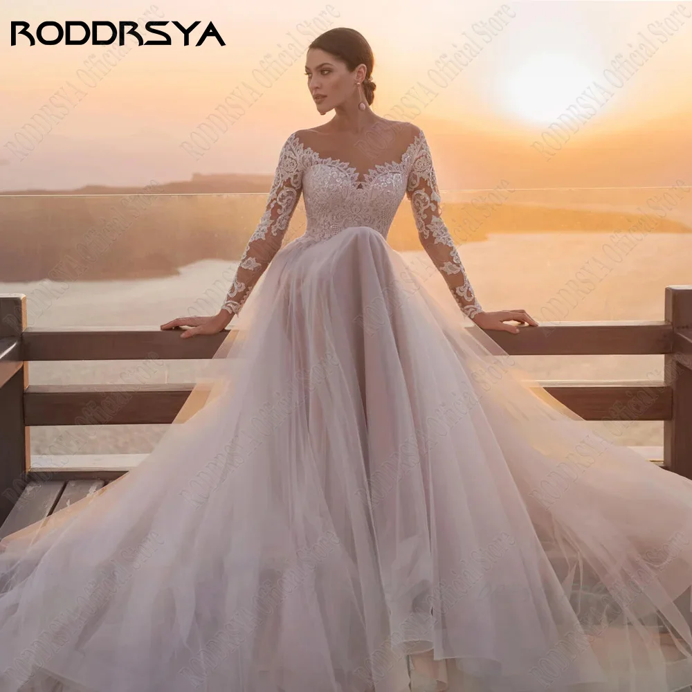 RODRSYA Decote redondo A linha de vestido de casamento mangas compridas RODDRSYA Colher Pescoço A Linha Vestido De Noiva Mangas Compridas Tule Botão Voltar Applique Praia Vestidos De Novia Vestidos De Noiva Sweep Train