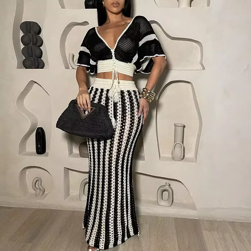 Striped Knitted Two Piece Set Women Outfit Elegant Clubwear Party Hollow Out V-neck Crop Top and Long Skirt Maxi Dress Sets