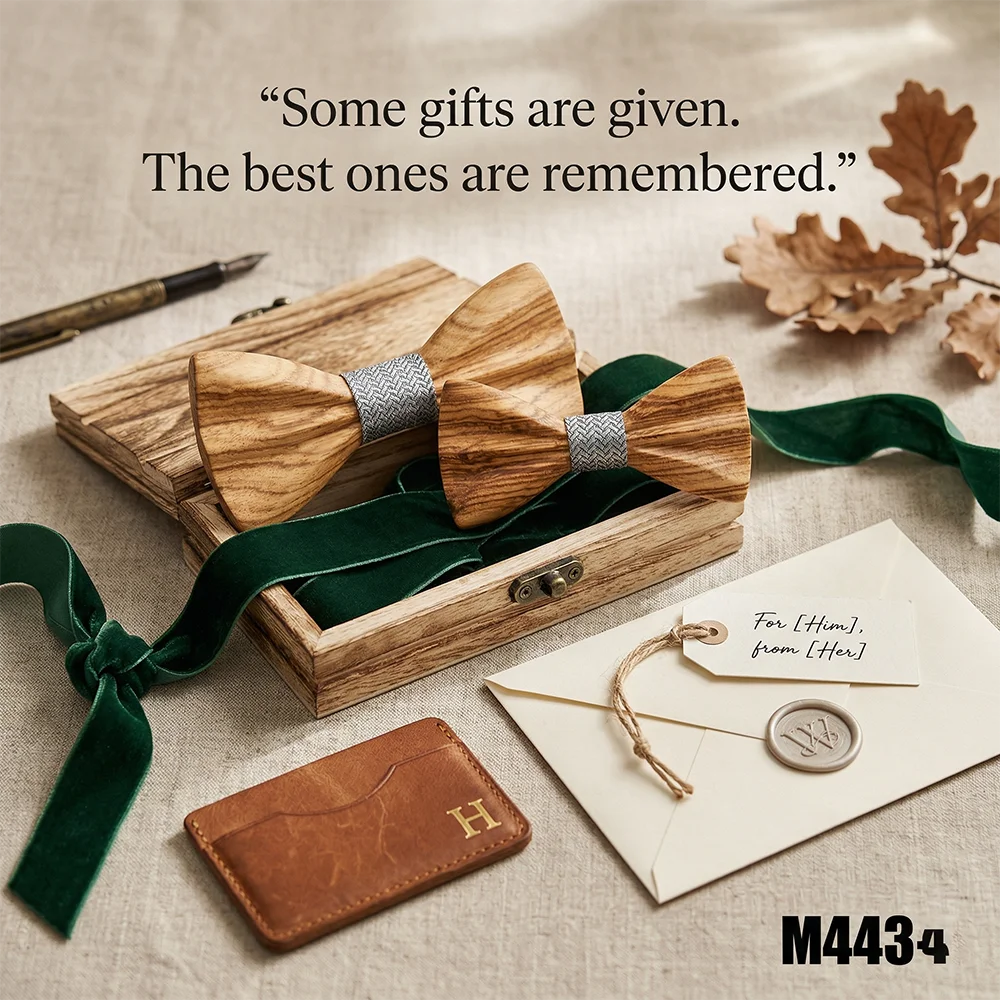 Wooden Bowtie and Cufflinks Set Natural Stripe Wood Grain Men Wedding Green Ribbon Pocket Square Formal Accessory Gift Box