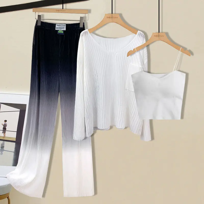 2023 New Fade Wide Leg Pants Sunscreen Long-sleeved T-shirt White Sling Three-piece Elegant Women's Pants Set Summer Outfits