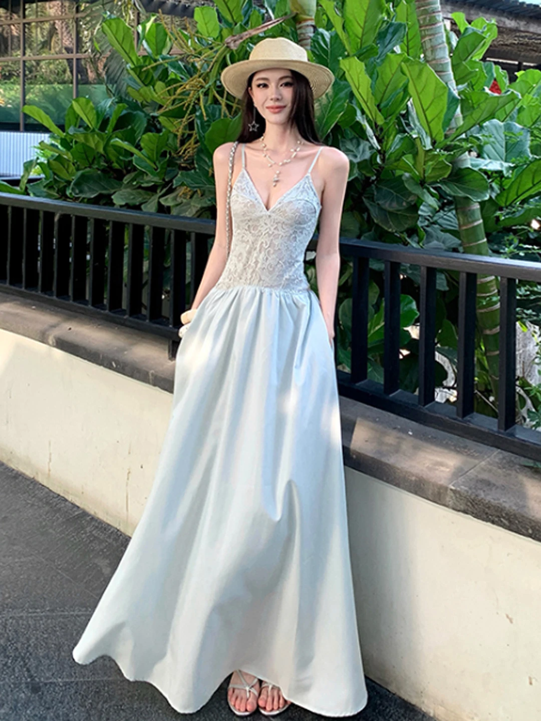 

Unique Beautiful V-neck Slimming Strap Long Dress Holiday Style Dress Summer Trendy Casual Beachy Cotton Wrap Dress Skirt