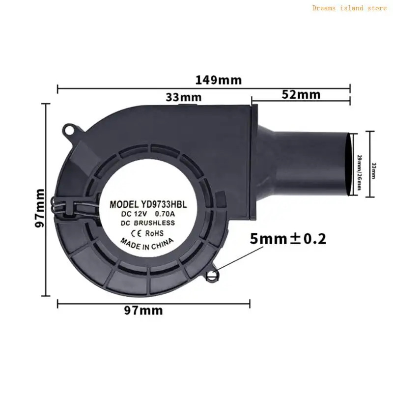 ความเร็วสูง 12V 9733 พัดลมเป่าลมเหมาะสำหรับบาร์บีคิวและความเย็นแบบอิเล็กทรอนิกส์ HX6C