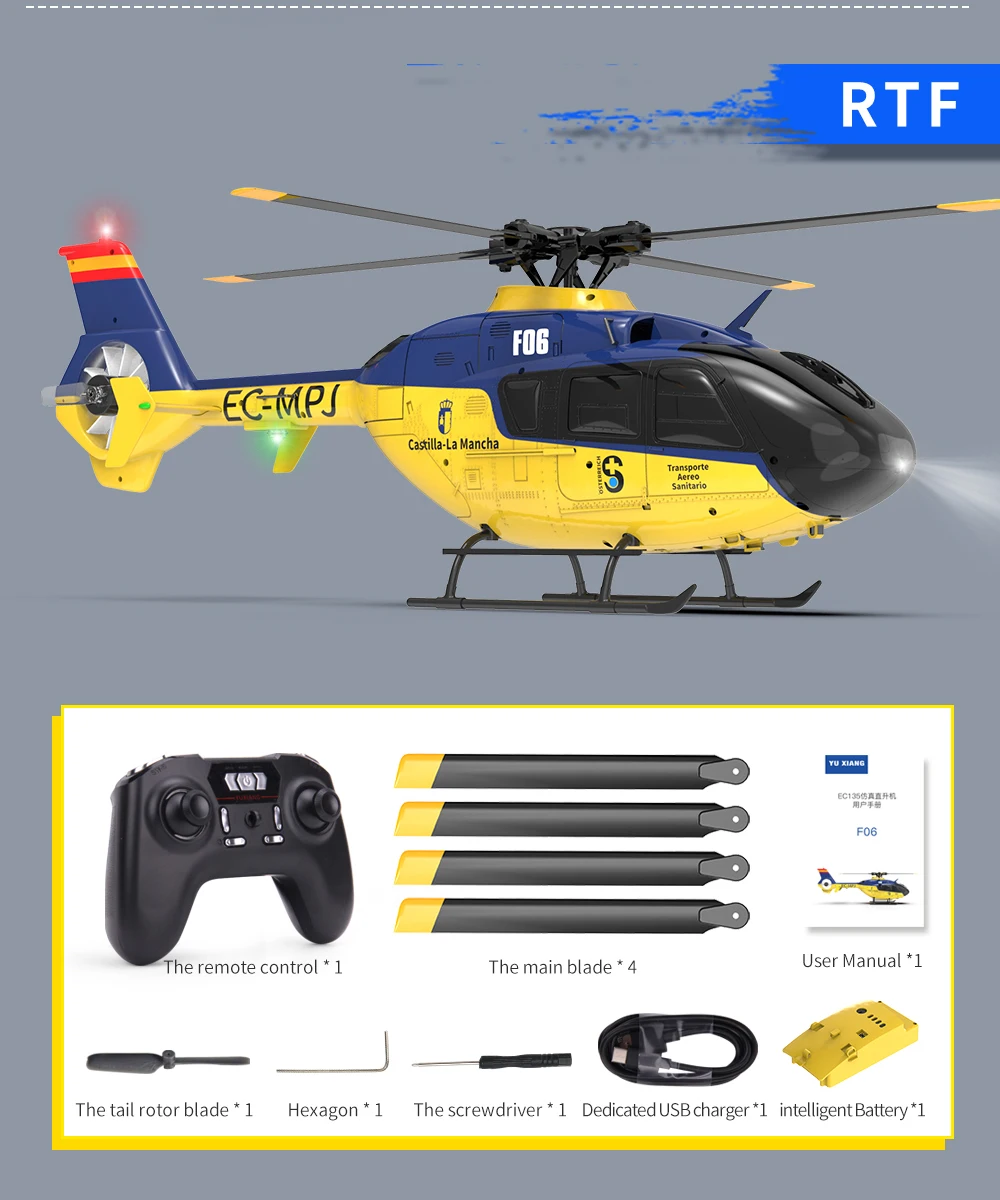 

YU XIANG F06 EC135 Scale Fuselage F06 6CH RC Helicopter Dual Brushless Optical Flow Localization RTF