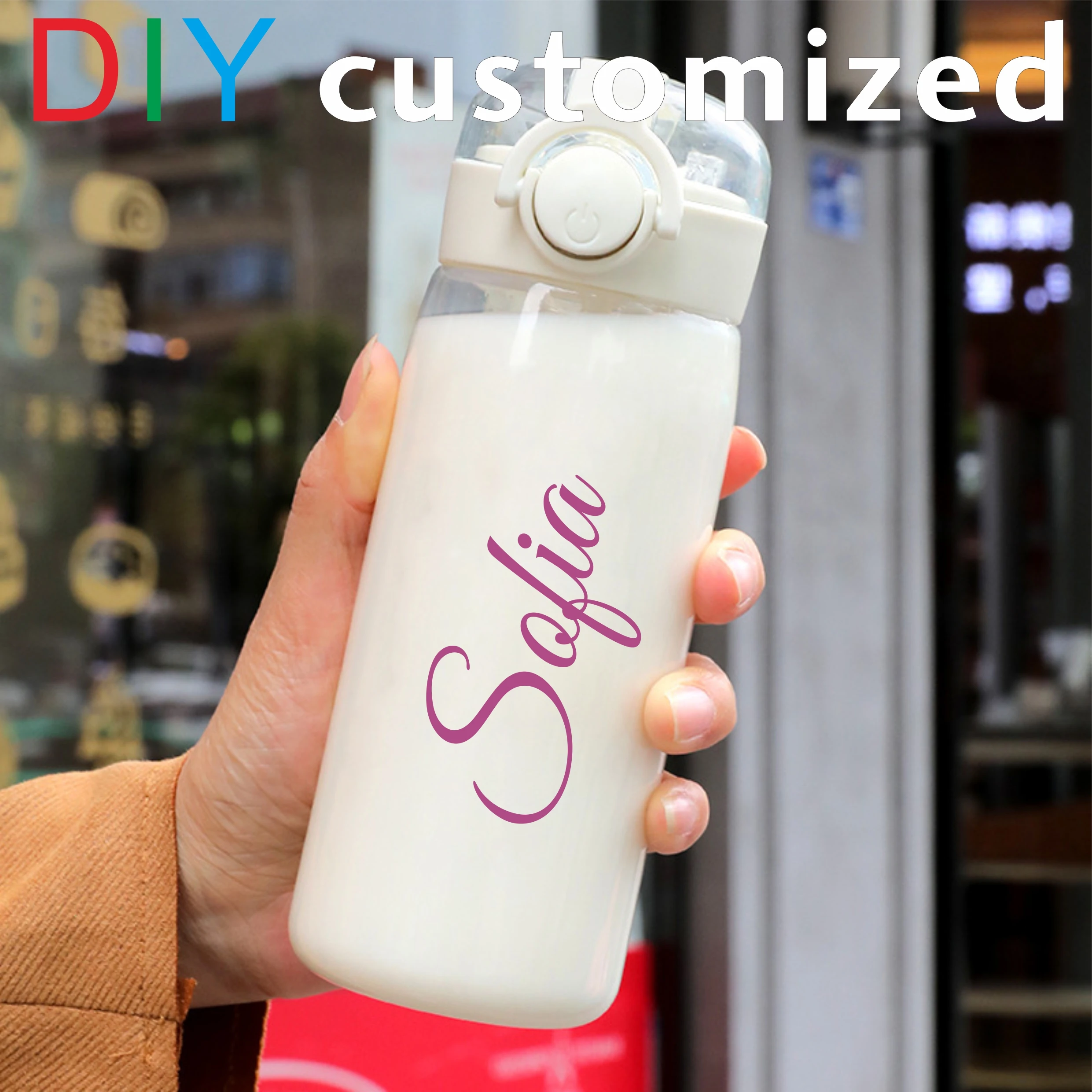 DIY 400MLSchool Bottle Plastic Customize Print Name Kid\'s Children Cup Straw Tube Ring Handle Easy Take Food Safety Material