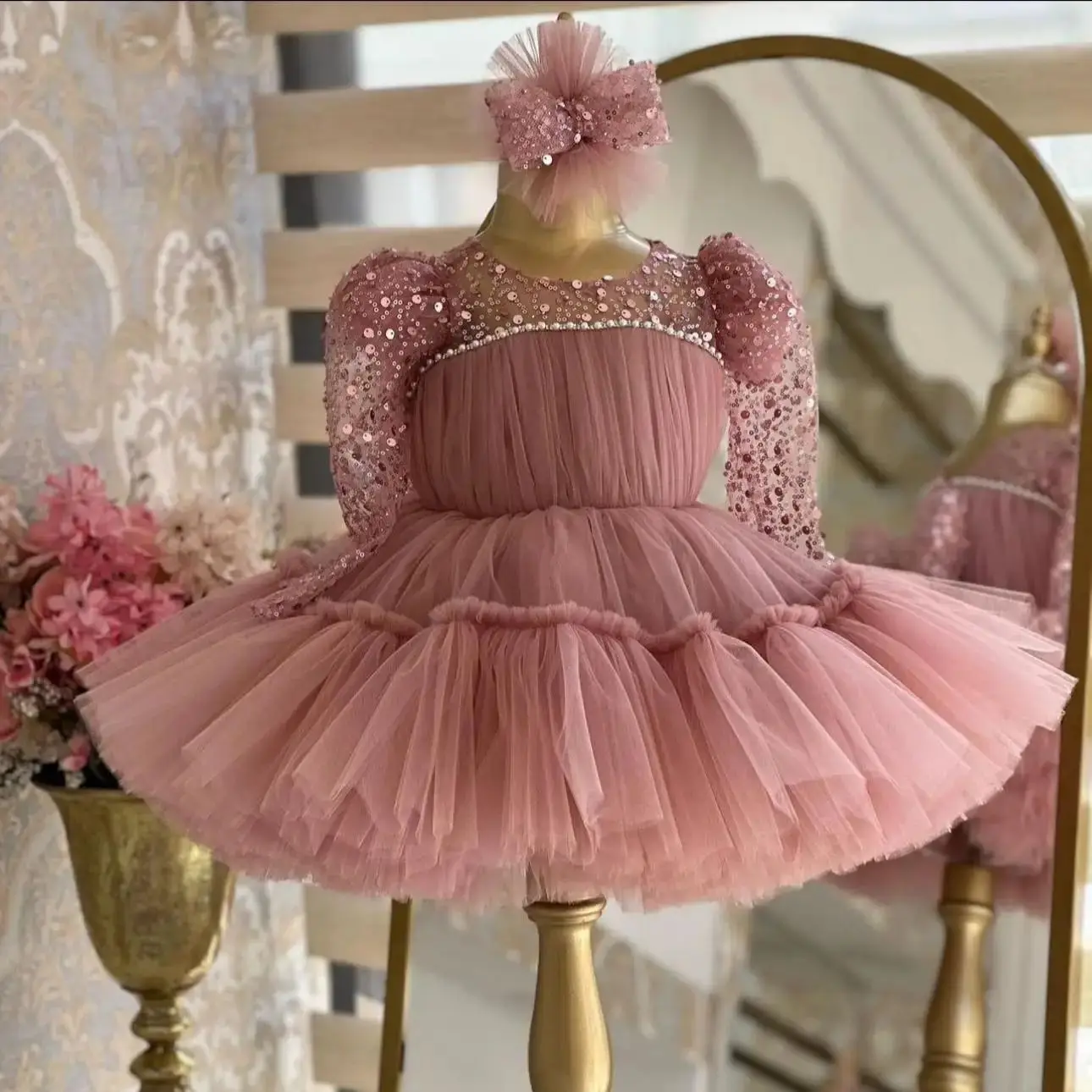 Dusty Pink Baby Girl's Birthday Party Gowns Sequined Bow Flower Girl Dresses for Wedding Customized Kids First Communion Dress