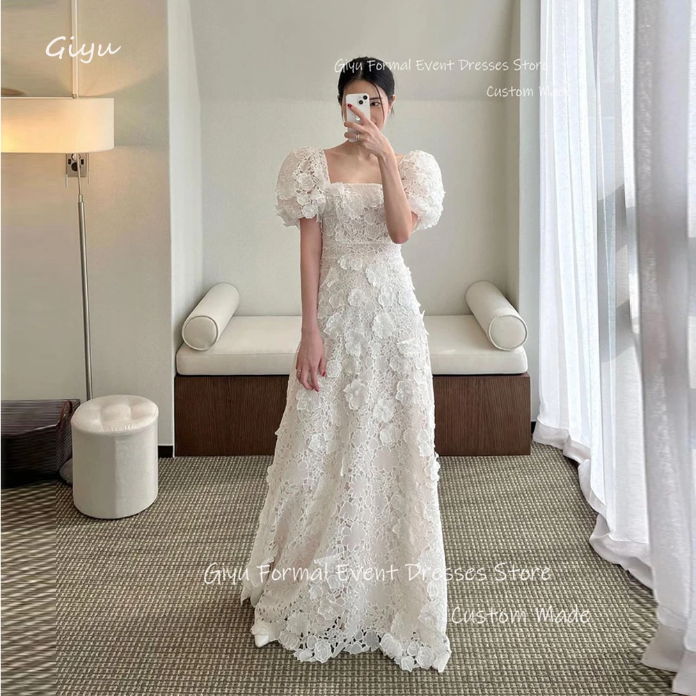 

Giyu Exquisite A Line Lace Wedding Dresses Korea Photoshoot Puff Short Sleeves Square Neck Floor Length Bride Dress Mariage