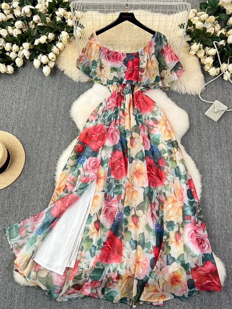 Lusumily 2024 New Long Dress Women Summer Camellia Printed Boho Dress Chiffon Holiday Elastic Waist Dress Casual Lady Rober