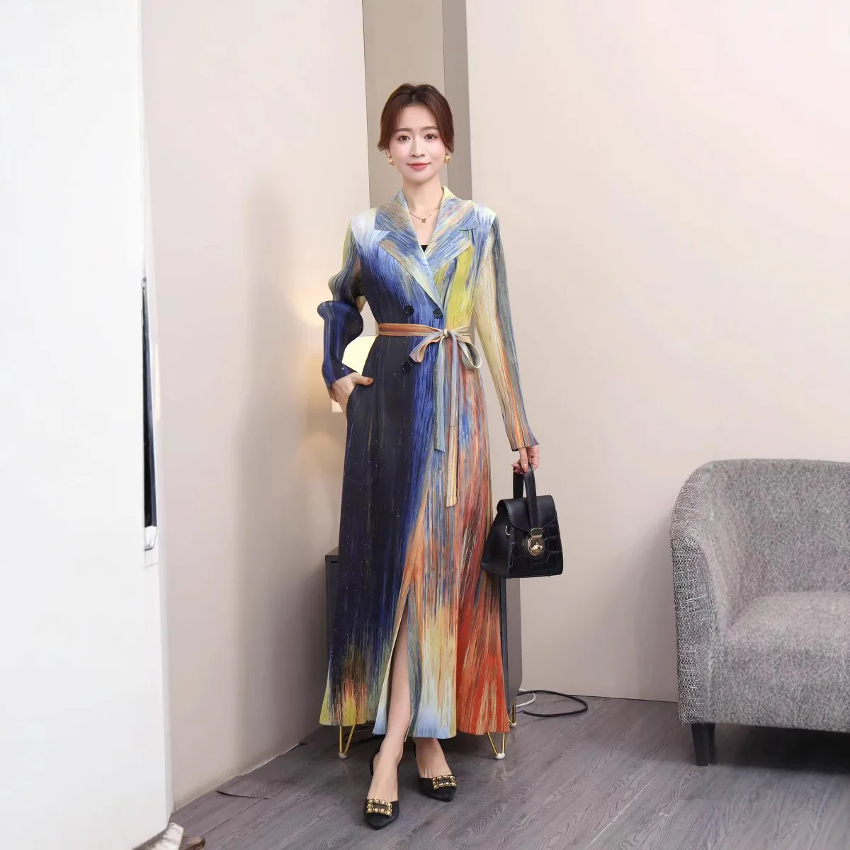 Pleats Pleats 2024 Fall New Oil Painting Splash Ink Wind Women's Models Casual High-end Elegant Fashion Dresses Women Clothing