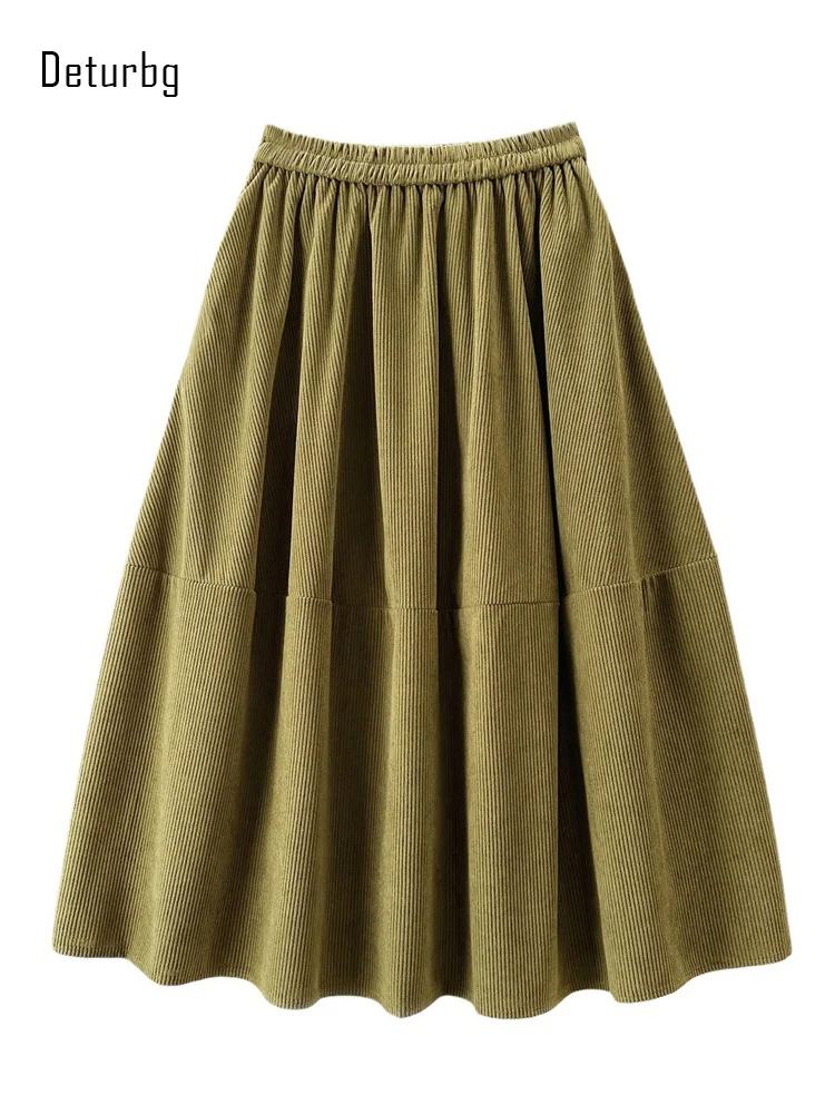

Women's Vintage Corduroy Midi Long Skirt With Pockets Korean Fashion High Waist Pleated Swing Skirts 2023 Autumn Winter K377