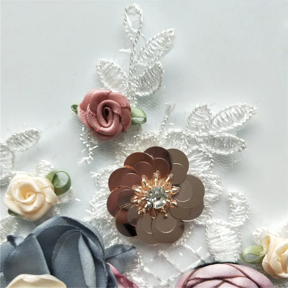 New arrive Elegant Sequins 3D Flower Embroiderey Neckline Lace Applique Lace Collar Trim Dress Fabrics Material DIY Lace Patches