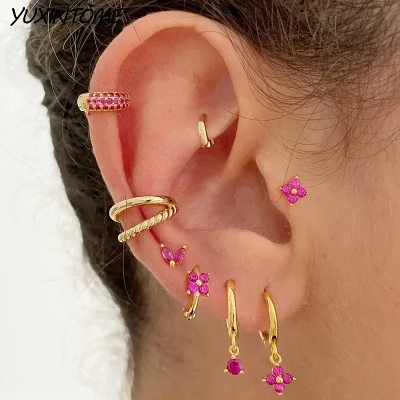 925 Sterling Silver Ear Needle Rose colors Zircon Hoop Geometric Pendant Earrings for women Luxury Fashion Wedding Jewellery2023