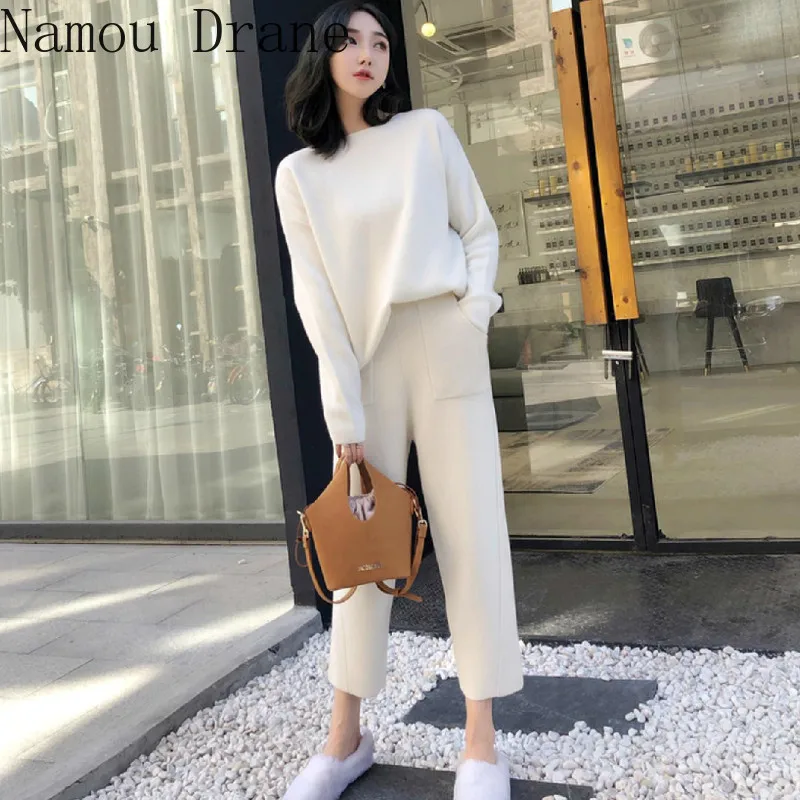 2023 Winter Knitted 2 Pieces Set Tracksuits Women Thick Warm O-neck Loose Sweater+Ankle-Length Pants Warm Cashmere Suit