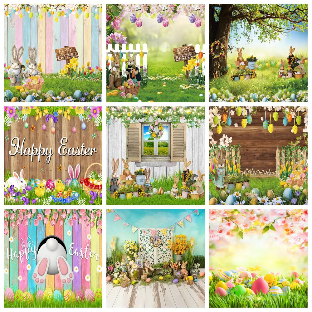 

Spring Easter Photography Backdrop Rabbit Eggs Flower Bunny Wooden Wall Happy Easter Baby Kids Portrait Background Photo Studio