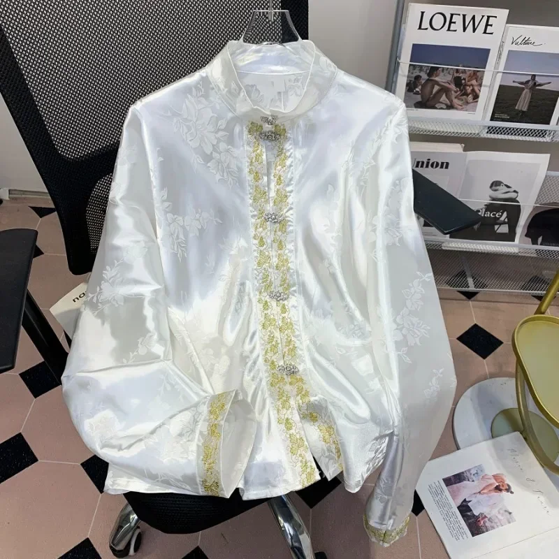 

Satin Chinese Style Women's Shirts Silk Embroidery Blouses Vintage Clothing Spring/Summer Loose Floral Tops 2024 Korean