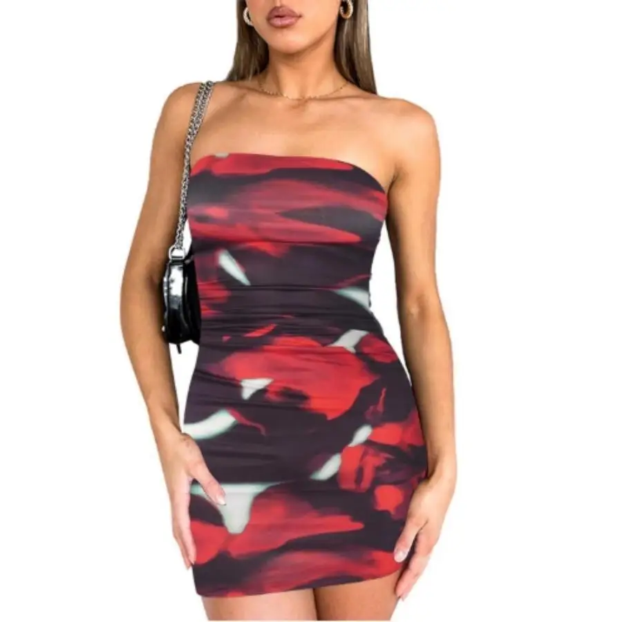 Europe and the United States women\'s spring new trend chest print pleated pullover cover buttock wrap short dress