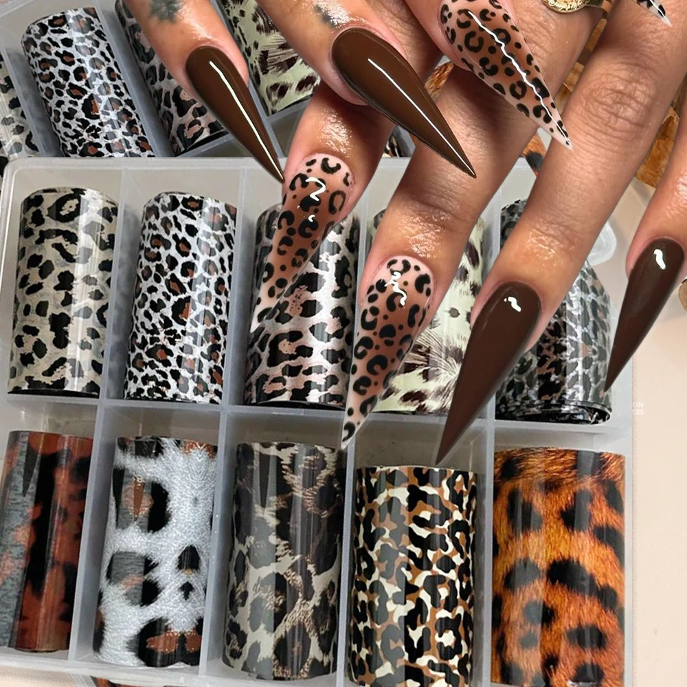 10Rolls 4*50cm Hot Girl Leopard Print Nail Foils Transfer Stickers Retro Tortoise Amber Animal Skin Nail Art Stickers Set Decals
