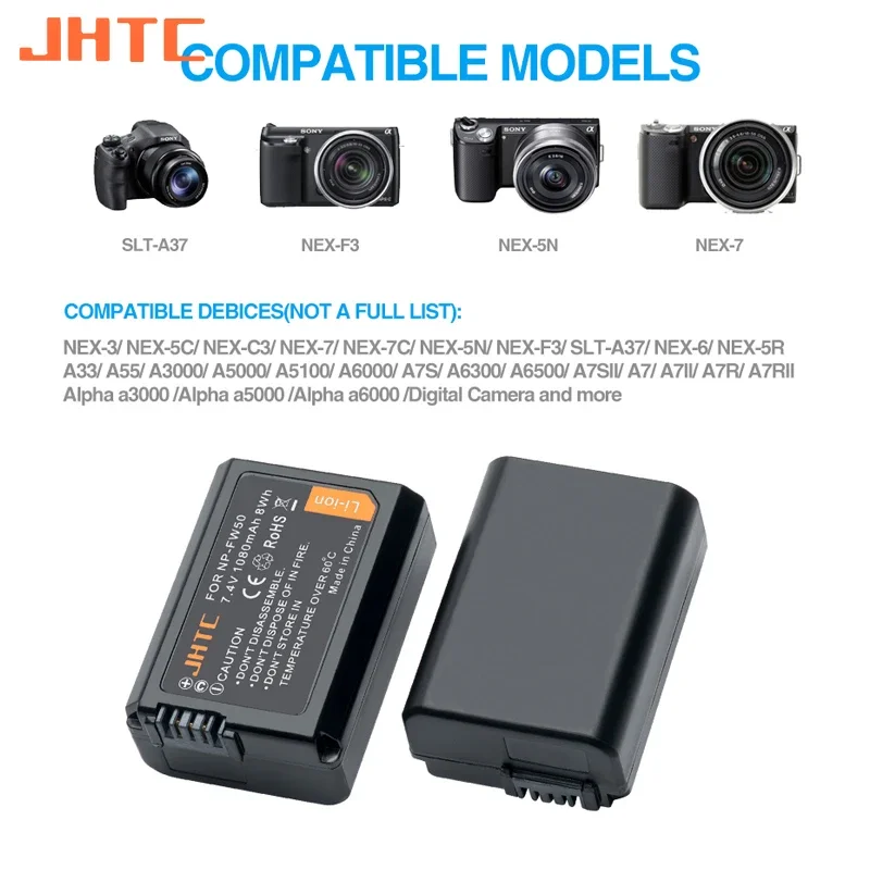 JHTC NP-FW50 akumulator ładowarka do Sony a6500 a6300 a6000 a5000 a3000 a7m2 a7r2 S2 NEX-3 NEX-5 NEX-7 A33 1080mAh NPFW50 baterie